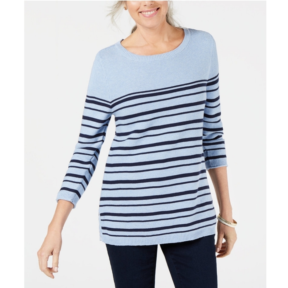 KAREN SCOTT STRIPED COTTON lace up sweater